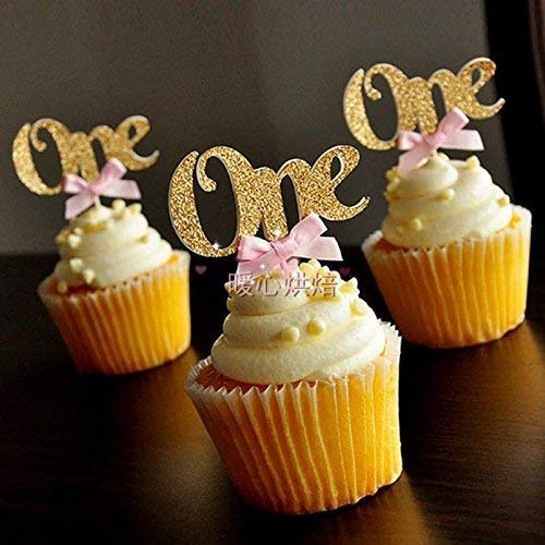 Astra Gourmet 24Pcs Glitter Gold One Cupcake Topper Pink Bow 1St