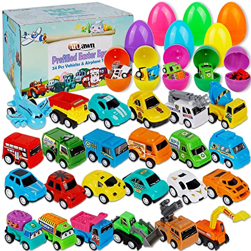 ATDAWN 24 Pcs Prefilled Easter Eggs with Car Airplane Toys for E...
