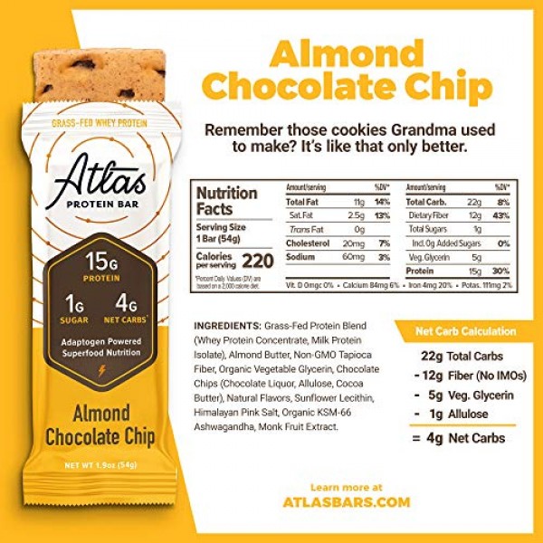 Atlas Bar - Keto Protein Bars, Almond Chocolate Chip - High Prot
