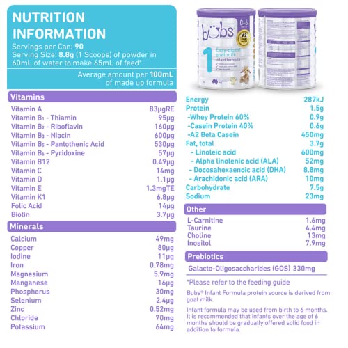Bubs Goat Milk Infant Formula Stage 1, Infants 0-6 Months, Made