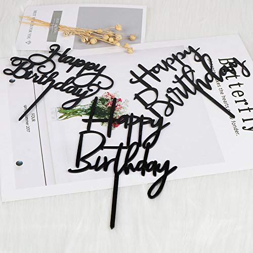 Auteby Black Happy Birthday Cake Topper Set, Double-Sided Acryli
