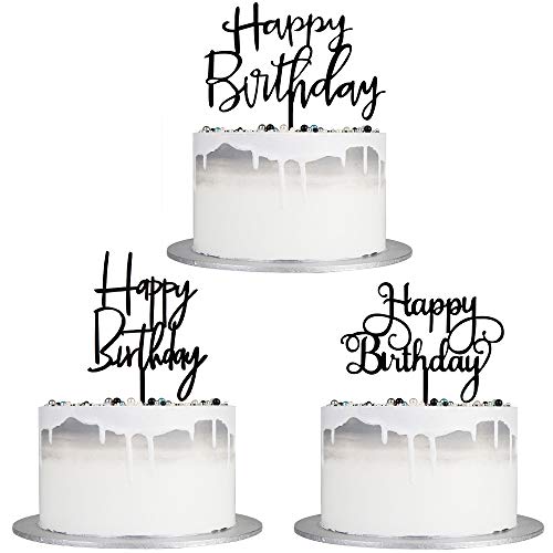 Auteby Black Happy Birthday Cake Topper Set, Double-Sided Acryli