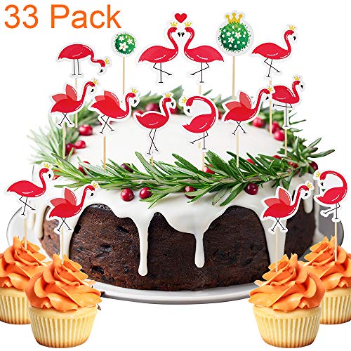 33 Pack Red Flamingo Themed Animal Cupcake Toppers For Cake Frui