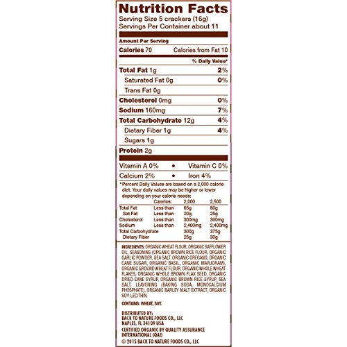 Back To Nature Crackers, Organic Roasted Garlic &Amp; Herb, 6 Ounce