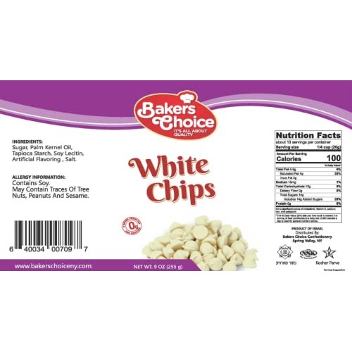White Chocolate Flavored Chips Non Dairy, Kosher 9 ounce. Baker’... White Chocolate Flavored Chips Non Dairy, Kosher 9 ounce. Baker’...