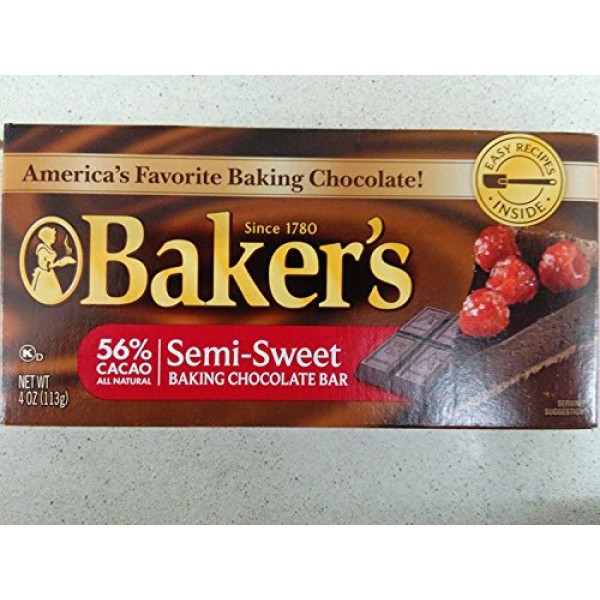 Bakers 56% Cacao Semi-Sweet Baking Chocolate Bar Pack of 6 4 ...