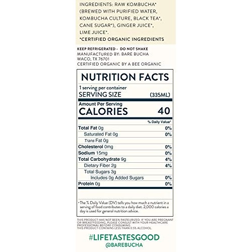 Organic Kombucha Bare Bucha - Ginger Lime - 6-Pack, No Sugar A