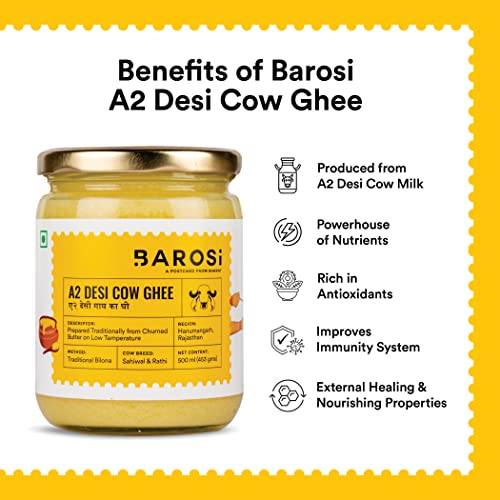 Barosi A2 Cow Ghee 17 Ounce, Clarified Butter, Produced From Gra