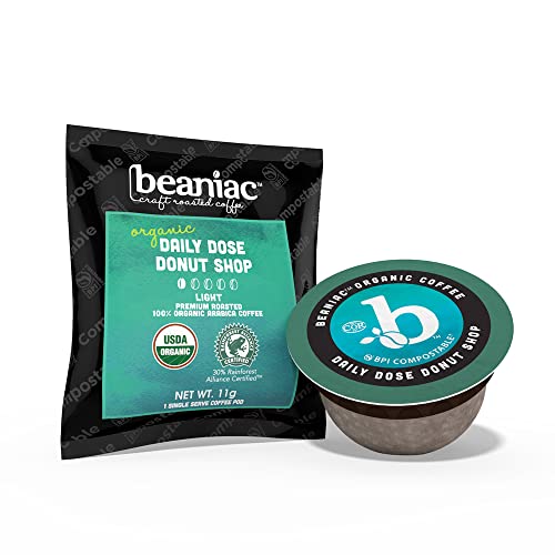 Beaniac Organic Daily Dose Donut Shop| Light Roast, Single Serve