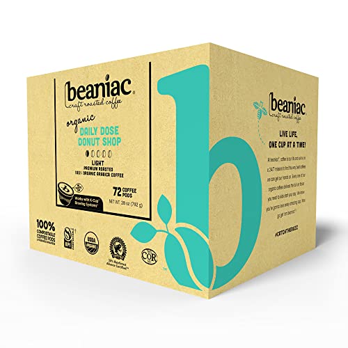 Beaniac Organic Daily Dose Donut Shop| Light Roast, Single Serve