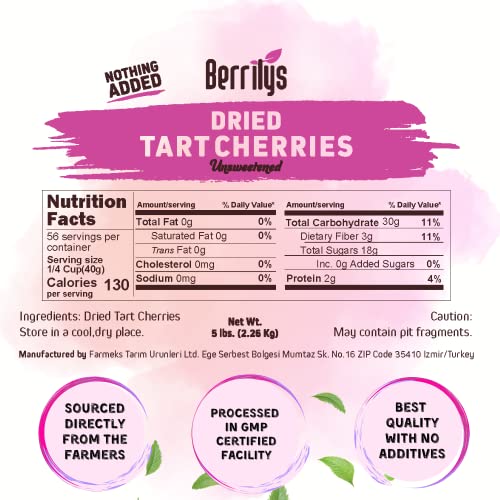 Berrilys Dried Tart Cherries, Unsweetened, 5 LB, Pitted, Unsulfu...