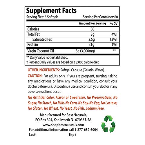 Best Naturals Extra Virgin Coconut Oil 1000 Mg Softgel, 180 Count