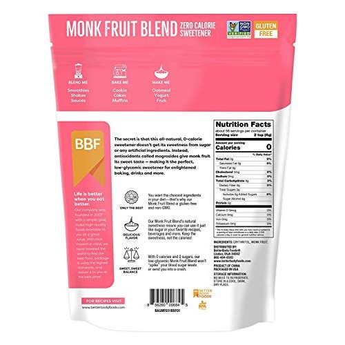 Betterbody Foods Monk Fruit Sweetener Blend, Sugar Substitute, 1