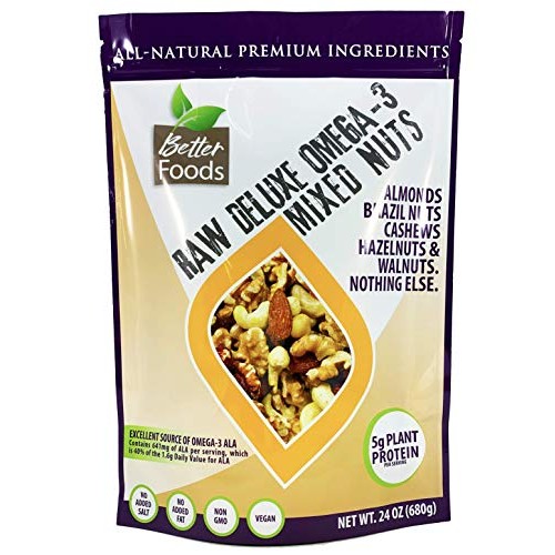 Raw Unsalted Deluxe Omega 3 Mixed Nuts Almonds, Brazil Nuts, Ca