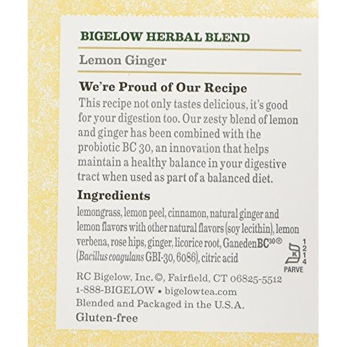 Bigelow Classic Lemon Ginger Herbal Tea Plus Probiotics 18 Bags