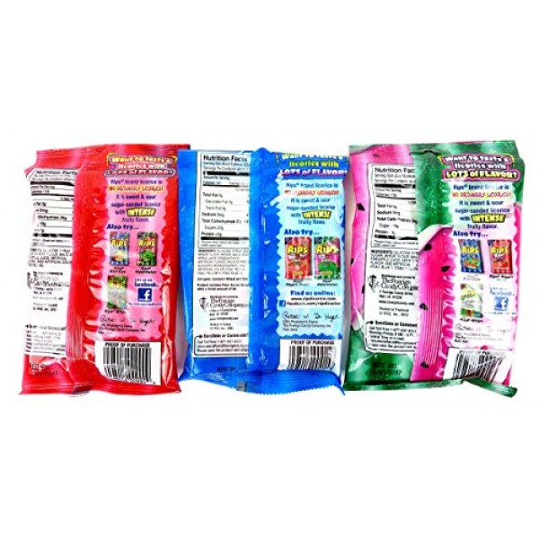 Rips Licorice 3-Flavor Variety: Four 4 Oz Bags Each Of Strawberr