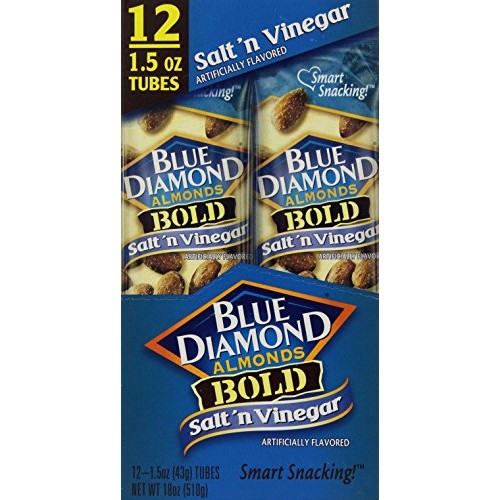 Blue Diamond Bold Almonds, 1.5 Oz Tubes, Salt N Vinegar, 12 Tubes