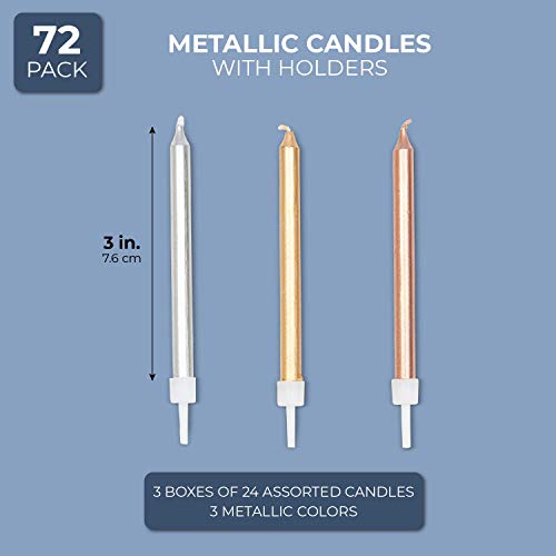 Metallic Birthday Cake Candles In Holders, Gold, Rose Gold, Silv