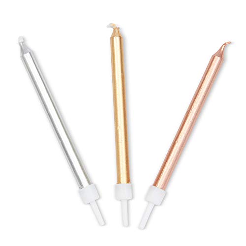 Metallic Birthday Cake Candles In Holders, Gold, Rose Gold, Silv