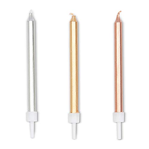 Metallic Birthday Cake Candles In Holders, Gold, Rose Gold, Silv