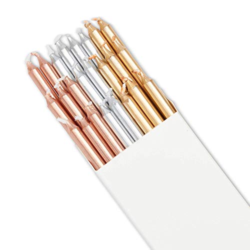 Metallic Birthday Cake Candles In Holders, Gold, Rose Gold, Silv