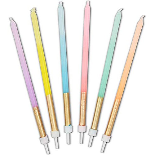 Pastel Ombre Long Thin Birthday Cake Candles In Holders 5 In, 2