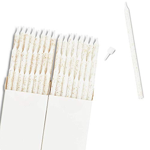 White Gold Glitter Long Thin Birthday Cake Candles In Holders 5