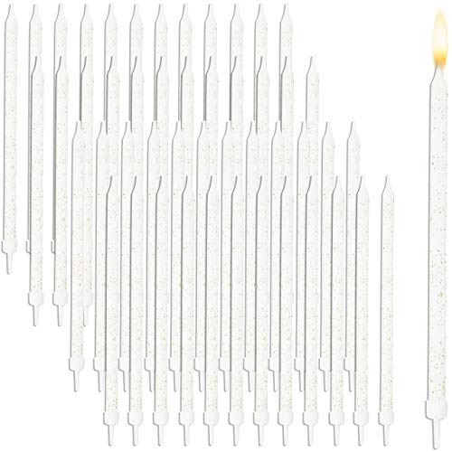 White Gold Glitter Long Thin Birthday Cake Candles In Holders 5