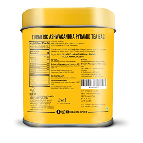 BLUE TEA - Turmeric Ashwagandha Tea Bags - 15 Tea Bags || INDIAN...