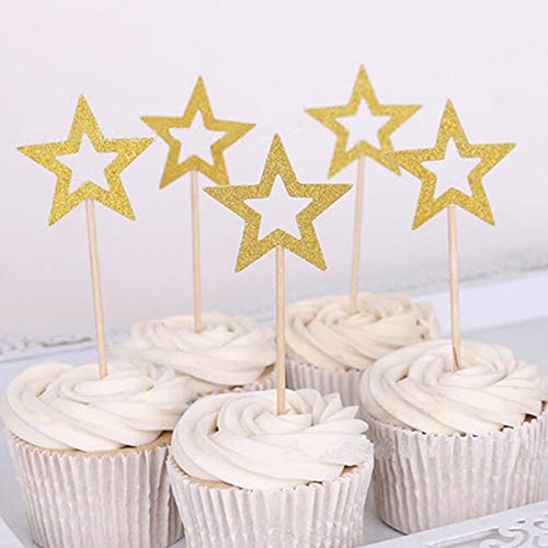 50 Pcs Gold &Amp; Silver Star Cupcake Toppers,Star Cupcake Toppers T