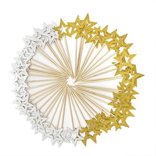 50 Pcs Gold &Amp; Silver Star Cupcake Toppers,Star Cupcake Toppers T