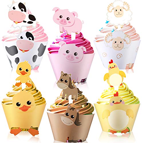 Blulu 60 Pieces Farm Animal Cupcake Wrappers And Toppers For Far