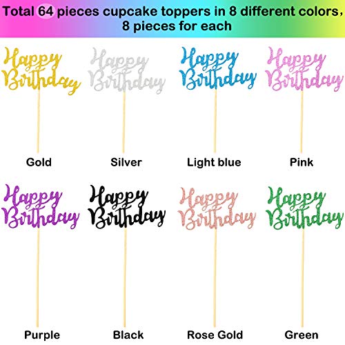 64 Pieces Happy Birthday Cupcake Toppers Glitter Birthday Cake T