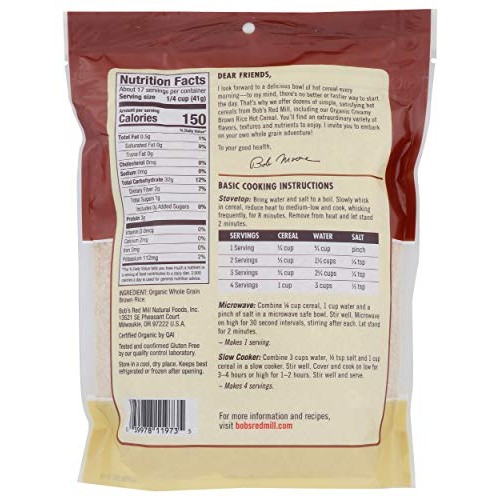 Bobs Red Mill Organic Brown Rice Farina Creamy Rice Hot Cereal,