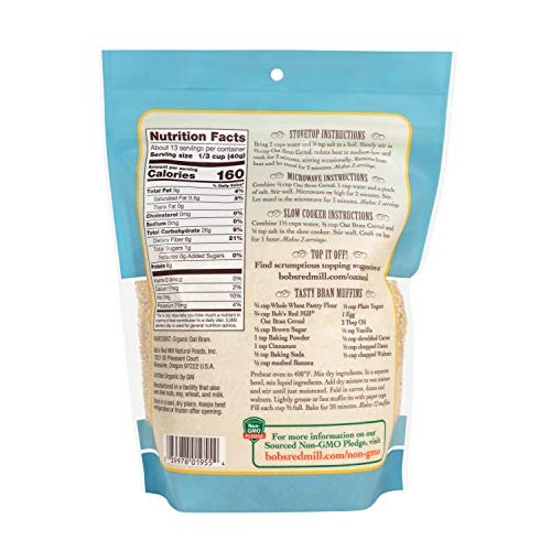 Bobs Red Mill Organic High Fiber Oat Bran Hot Cereal, 18 Oz