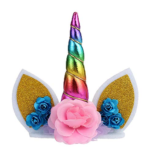 Unicorn Birthday Cake Topper, Rainbow Unicorn Horn, Ears And Flo