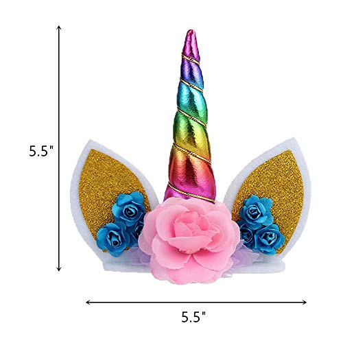 Unicorn Birthday Cake Topper, Rainbow Unicorn Horn, Ears And Flo