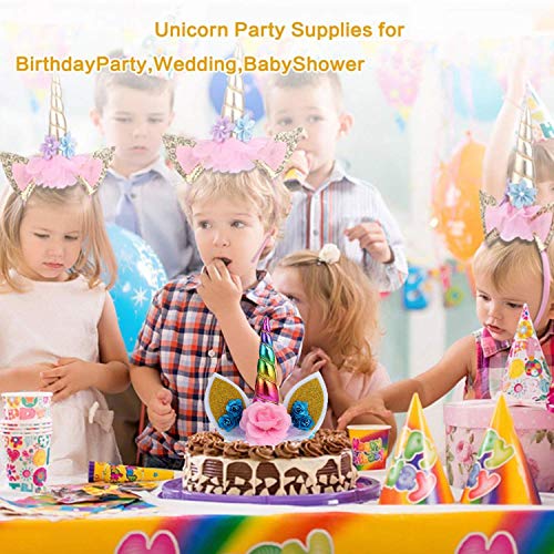 Unicorn Birthday Cake Topper, Rainbow Unicorn Horn, Ears And Flo