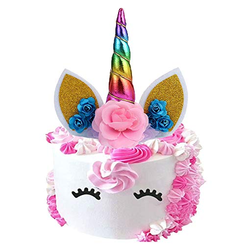 Unicorn Birthday Cake Topper, Rainbow Unicorn Horn, Ears And Flo