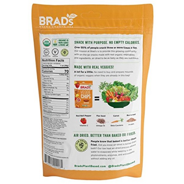 Brads Plant Based Organic Veggie Chips, Cheddar, 3 Count