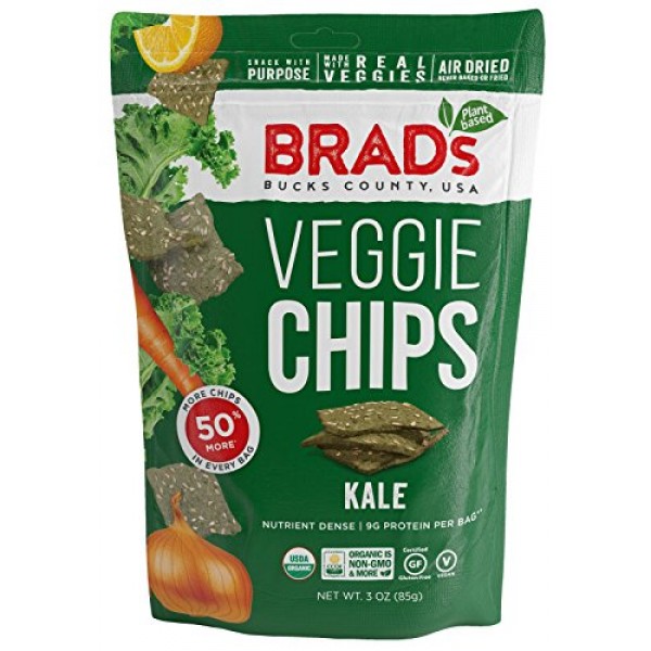 Brads Plant Based Organic Veggie Chips, Kale, 12 Bags, 24 Servi...