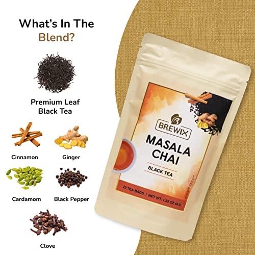 BREWIX, Masala Chai Tea Bags 22 Pyramid Tea Bags Strong, Robus...