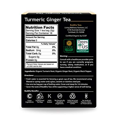 Buddha Teas Organic Turmeric Ginger Black Pepper Tea, 18 Bleach