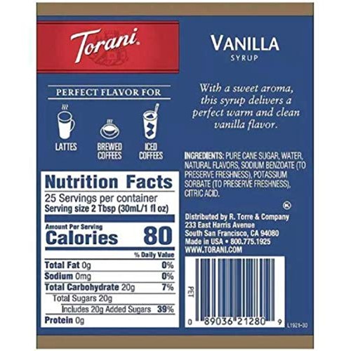 Torani Vanilla Coffee Syrup Flavoring, 750 Ml Bottle With By The