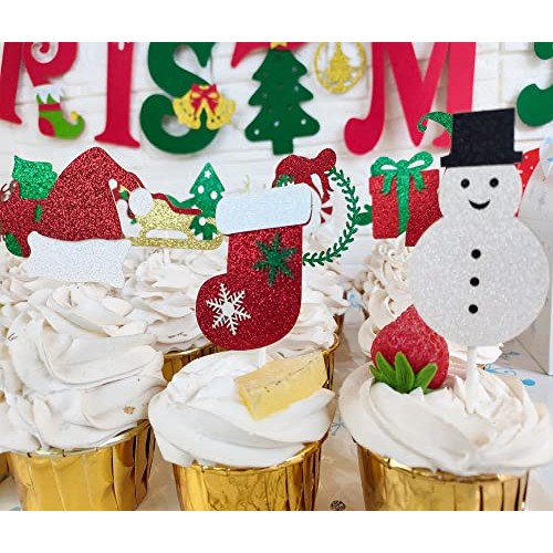 48Pcs Christmas Cupcake Toppers Xmas Cake Cupcake Decoration Gli