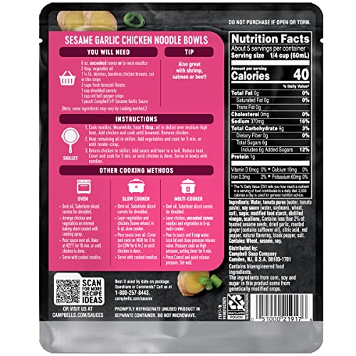 Campbells Cooking Sauces, Sesame Garlic, 11 Oz Pouch Case Of 6