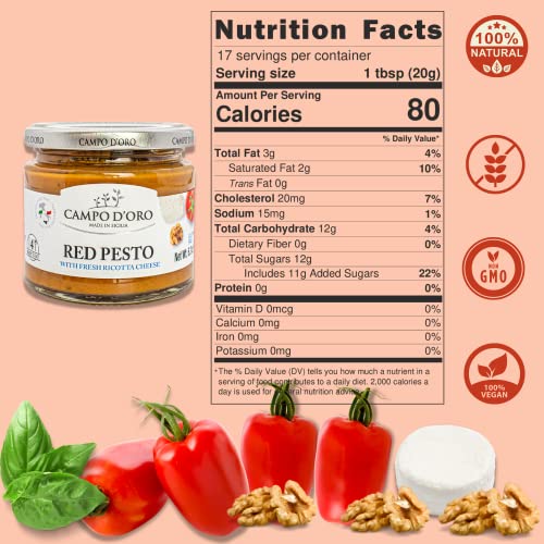 Red Pesto Sauce 6.35 oz, Sundried Tomato Pesto, Italian Tomato S...