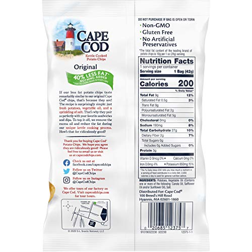 Cape Cod Potato Chips, Less Fat Original Kettle Cooked Chips, 1.