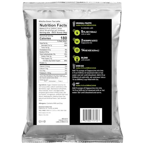 Cappuccine Matcha Green Tea Latte Frappe Mix, 3 Pounds Makes 36 ...
