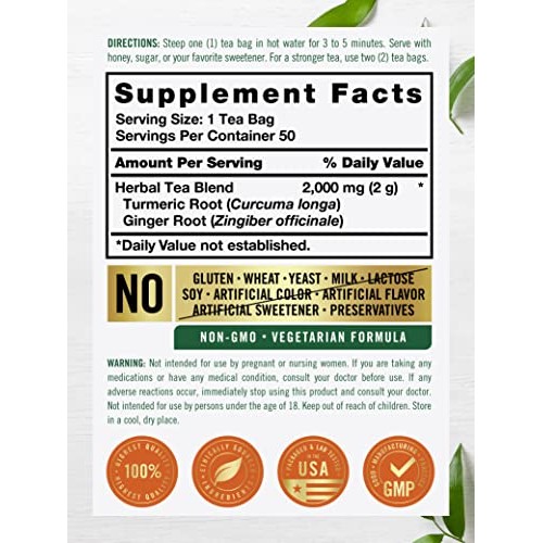 Turmeric Tea Bags with Ginger | 50 Tea Bags | Caffeine Free | No...
